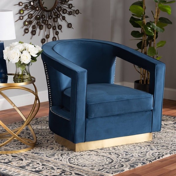 Baxton Studio Neville Modern Luxe and Glam Navy Blue Velvet Fabric Upholstered and Gold Finished Metal Armchair 190-11615-ZORO - main